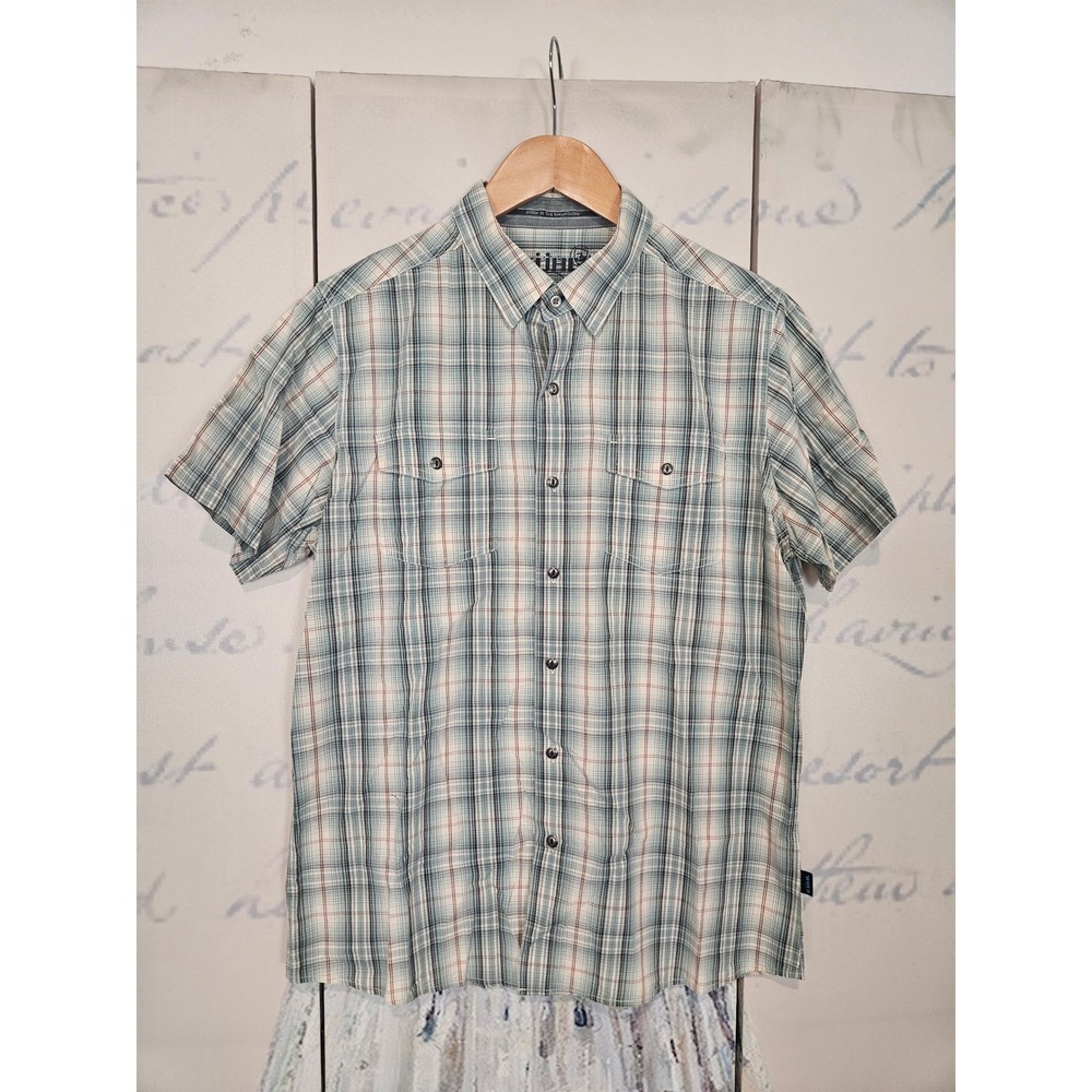Kuhl Mens Short Sleeve Plaid Button Down Shirt Blue Grey Cotton Linen Medium